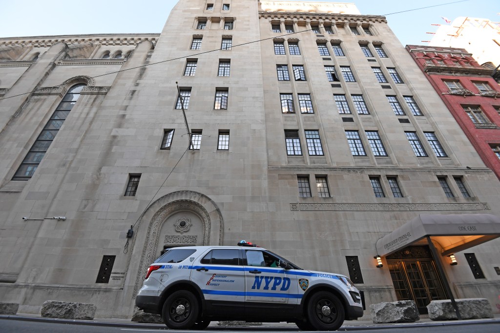 An NYPD unit stands guard outside the Congregation Emanu-El Synagogue on the Upper East Side on Thursday